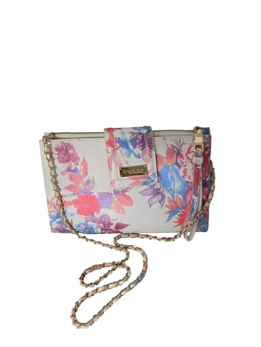 Bebe Los Angeles White Floral Crossbody with Pink & Blue Blooms